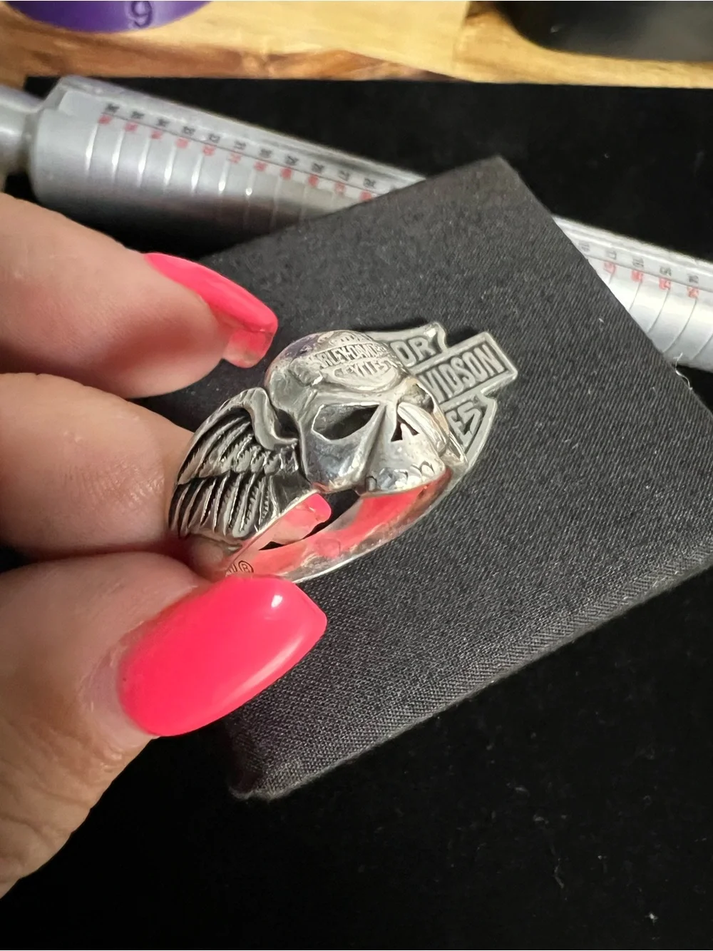 Harley-Davidson AUTHENTIC MOD WILLIE skull wing ring. STERLING SILVER